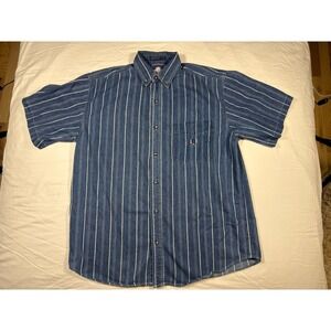 Vintage COLISEUM JEANS Mens Large Blue Striped CREAST LOGO Cotton Denim Shirt